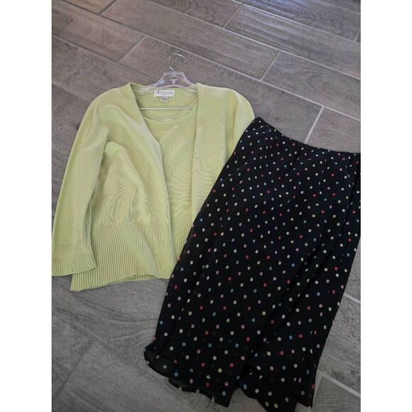 Women's Casual Corner Annex Petite Cardigan with Matching Tank Top Green and Pol - Picture 1 of 14